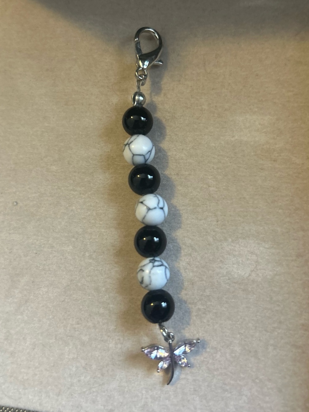 Black Tourmaline and White Howlite Crystal Bead Keychain - Handmade